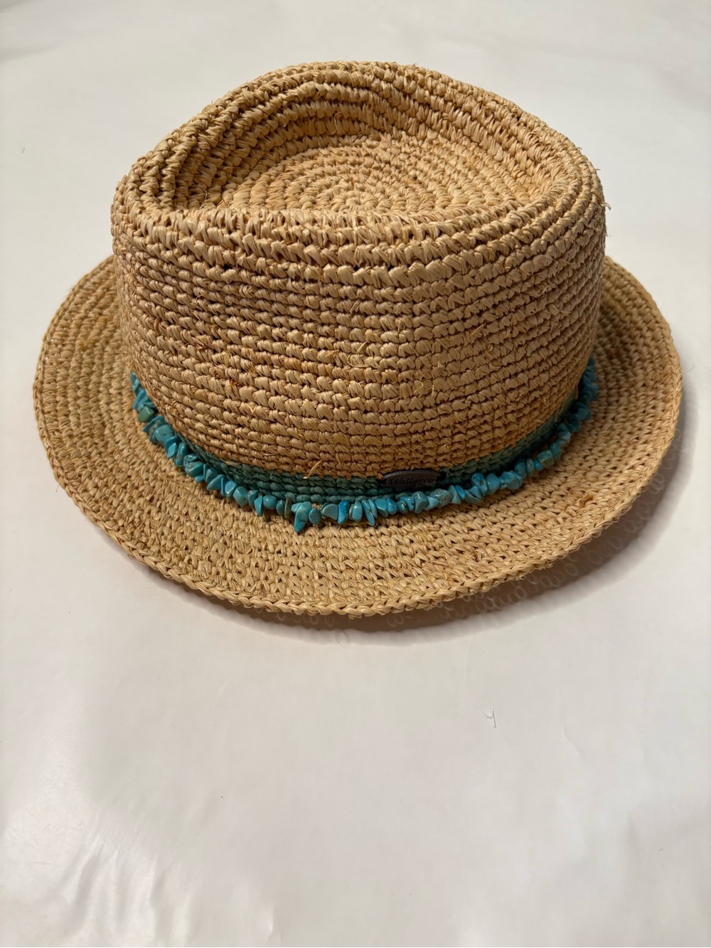 Wallaroo Raffia Tahiti Handwoven Straw Fedora Sun Hat Turquoise Bead Trim - Picture 7 of 8